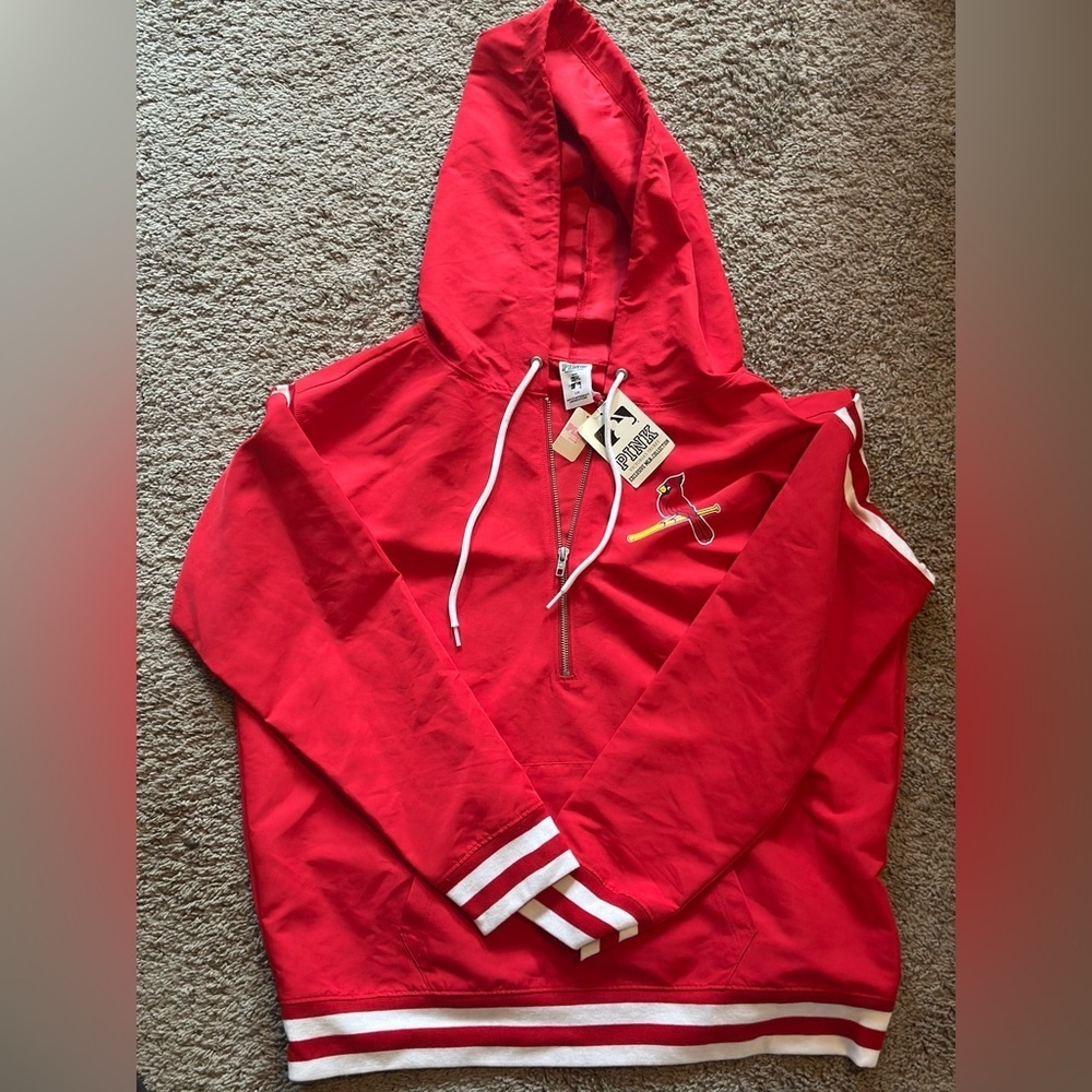 Red and white Victoria’s Secret St. Louis Cardinals windbreaker